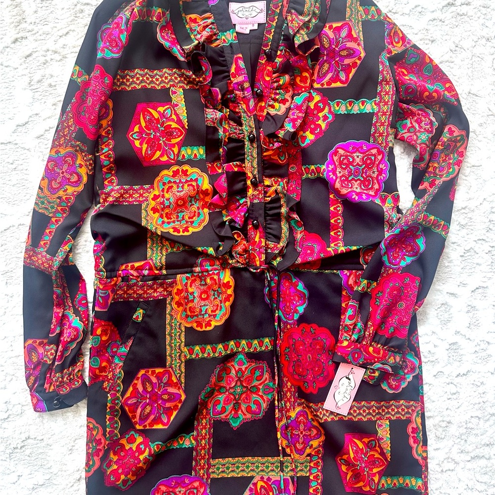 Phoebe Couture Black Long Sleeve Paisley Medallion Dress with Multicolor Accents